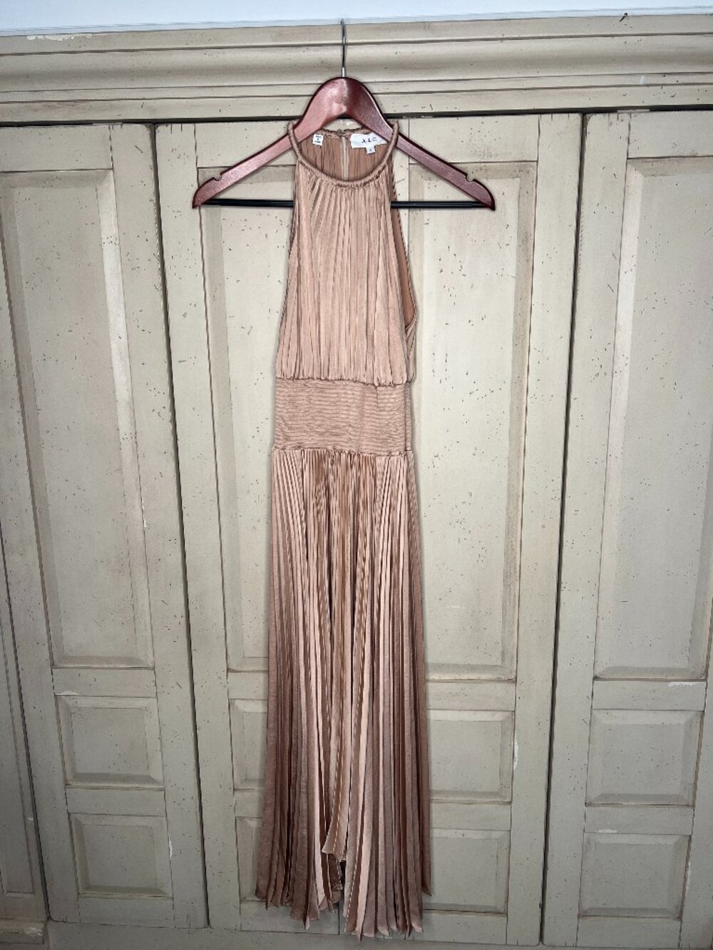 A.L.C. Renzo II Pleated Satin Halter Midi Dress Champagne Smocked Size 0